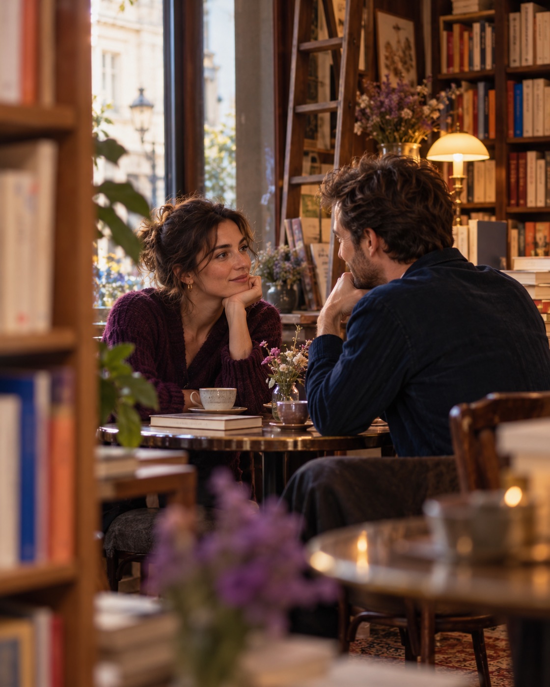 Illustration éditoriale : deux adultes échangent dans un café-librairie