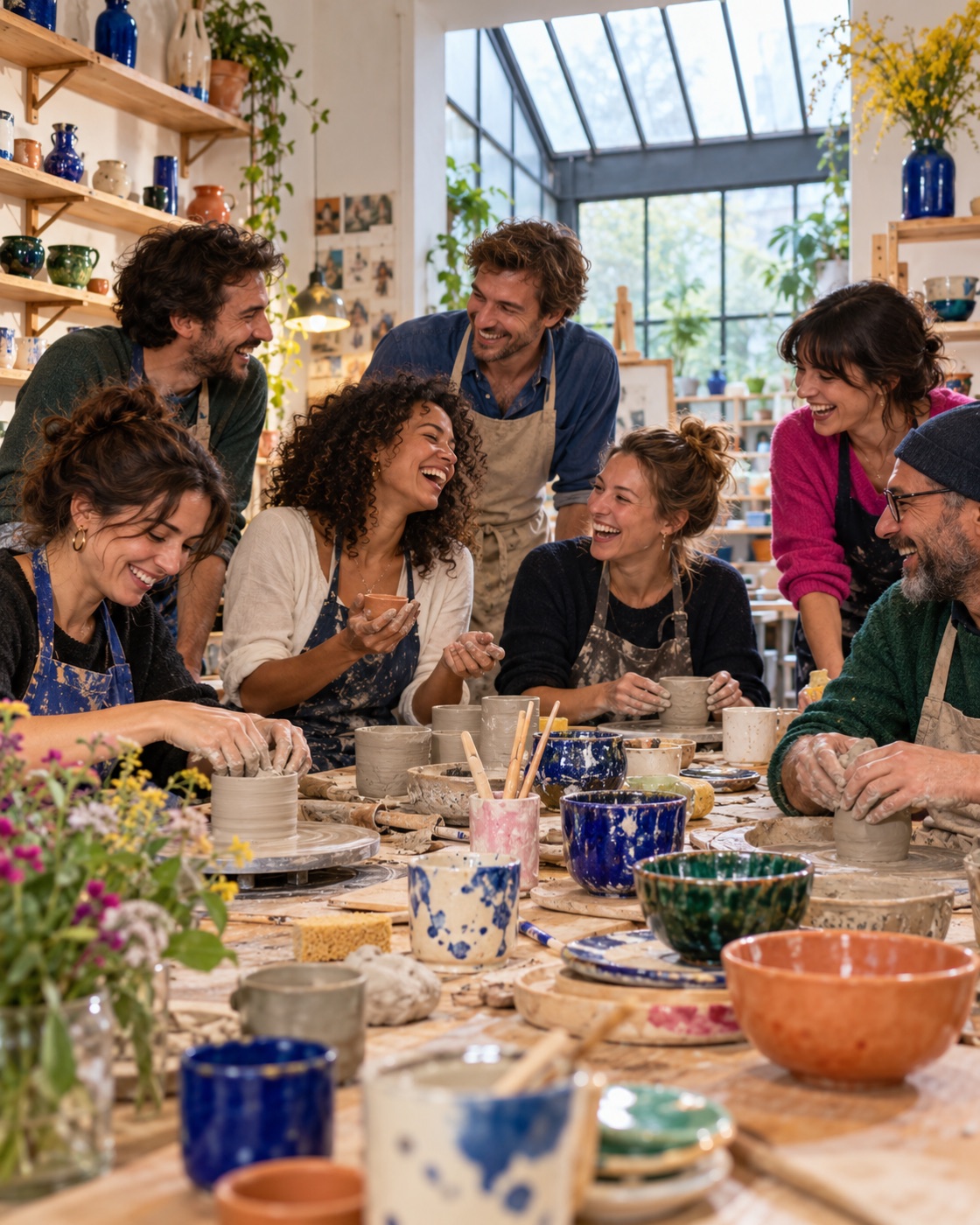 Illustration éditoriale : un groupe participe à un atelier de poterie